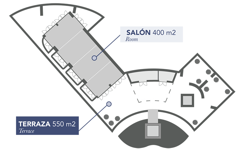 Plano del edificio en la que se puede ver desde vista de planta el salón y las diferentes terrazas